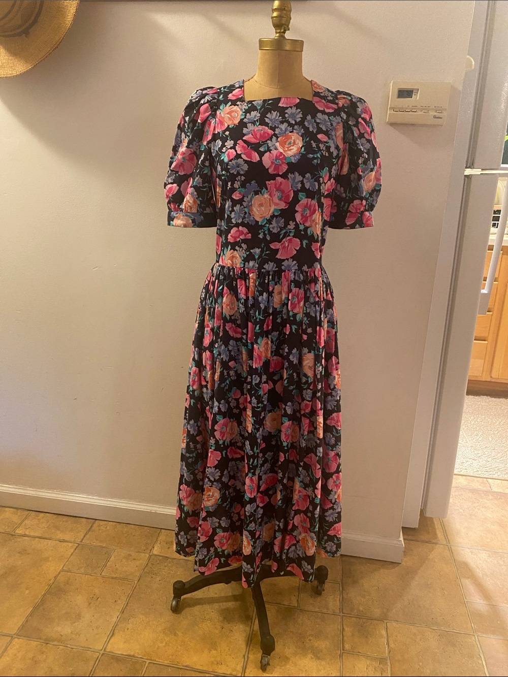 Laura Ashley Black Floral Maxi Dress with Pink and Peach Roses